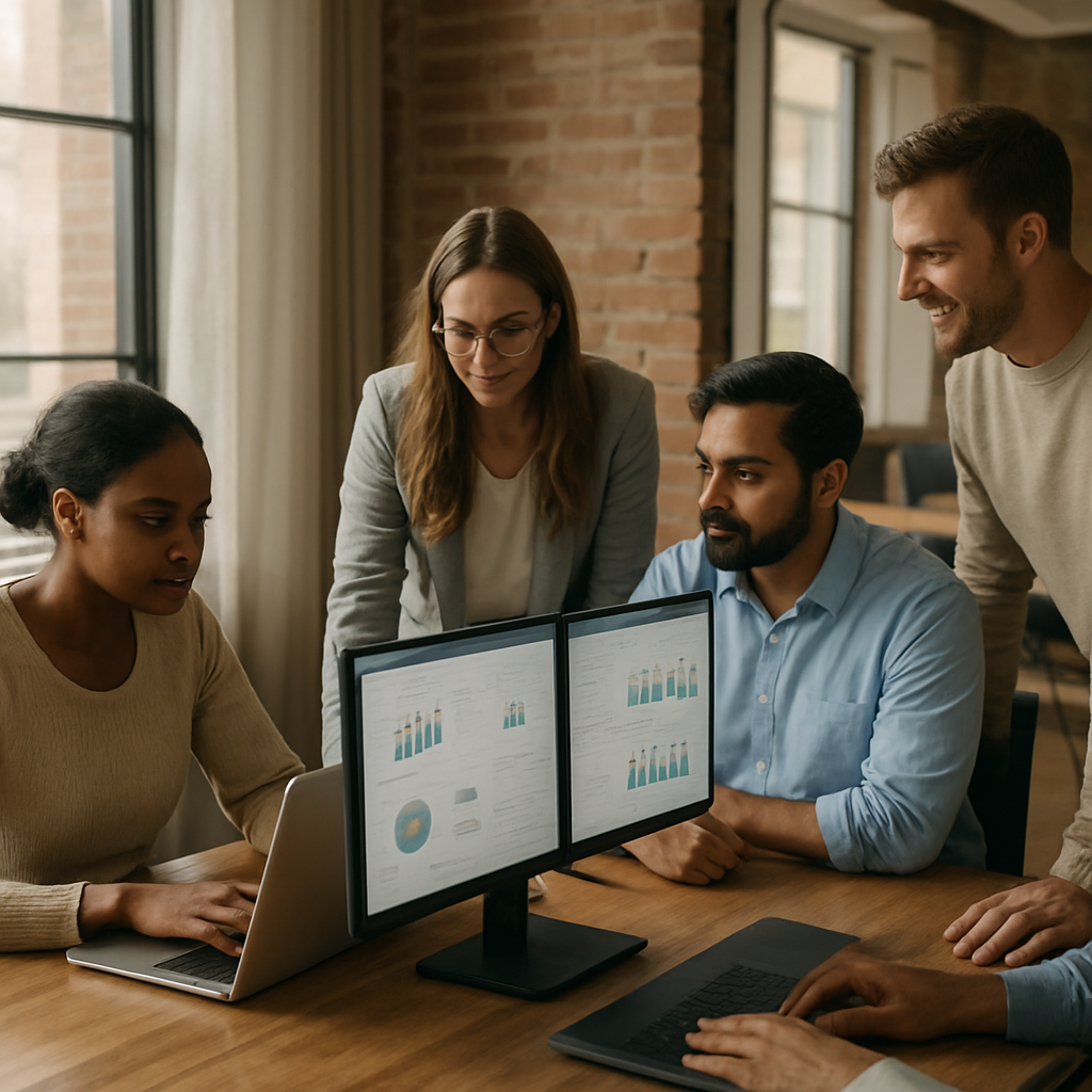 Operations team collaborating around laptops in a modern office
